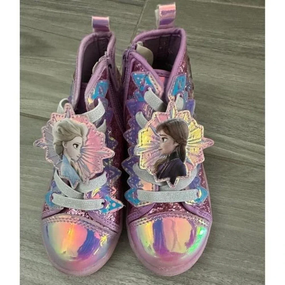 Kids Frozen Elsa Anna Light Up Glitter High Top Sneakers Purple Size 10